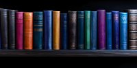 Row of vintage leather-bound books with gold embossed spines in various colors standing on dark wooden shelf against black background, creating literary atmosphere.