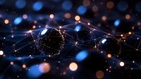 Futuristic network visualization with glowing nodes and connecting lines against dark background, illuminated by blue and orange bokeh lights.