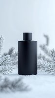 Matte black cosmetic bottle on snowy winter background with frosted pine branches. Minimalist luxury skincare packaging mockup for seasonal promotion.