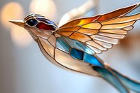 Stained glass bird brooch with spread wings in orange, blue and cream colors against blurred background, decorative jewelry piece showcasing artisanal craftsmanship.