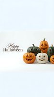 Happy Halloween greeting with carved jack-o'-lantern pumpkins in orange, white, and green on isolated white background, ready for seasonal marketing and design projects.