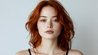 Young woman with wavy red hair and natural makeup against light background, perfect for beauty, fashion, and lifestyle advertising.