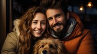 Young Caucasian couple with their mixed breed dog smiling at camera in warm evening light. Cozy winter portrait showing genuine happiness and pet companionship.
