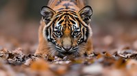 Young tiger cub portrait with intense blue eyes lying on autumn leaves, wildlife photography showcasing natural habitat and endangered species conservation.