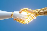 Human and artificial intelligence robot hands shaking in partnership against blue sky background symbolizing cooperation between technology and humanity.