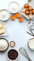 Fresh baking ingredients arranged on white marble surface with eggs, flour, milk, butter and chocolate chips for homemade dessert preparation.