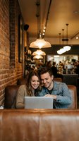 Young couple using laptop together in cozy coffee shop with exposed brick walls and warm pendant lighting for casual dining and remote work.