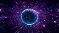 Glowing digital sphere with radiating light beams and floating geometric particles in purple and blue colors against dark background, futuristic technology concept.