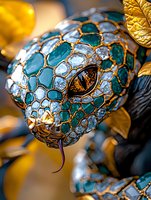 Luxury snake jewelry design with emerald and diamond mosaic pattern, golden details, and amber eye against blurred background. Artistic macro photography.