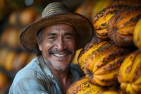 Mature Hispanic farmer with straw hat smiling next to fresh harvested cacao pods. Natural lighting highlights authentic expression and agricultural setting.