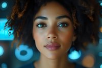 Young African American woman with natural curly hair and glowing skin against blurred blue bokeh lights background, close up portrait with soft dreamy atmosphere.