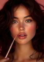 Young Asian woman with freckles and natural makeup applying glossy lip product against burgundy background. Professional beauty and cosmetics advertising portrait.