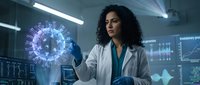 Female scientist examining holographic virus model in futuristic laboratory with digital displays and advanced technology for medical research.