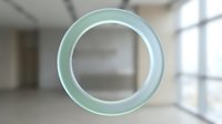 Translucent mint green glass ring floating in modern minimalist interior space with soft natural light from windows, suitable for design projects and contemporary backgrounds.