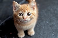 Adorable ginger kitten with big bright eyes looking up at camera against dark background, sweet expression on furry face captures innocent feline charm.