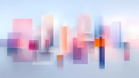 Abstract geometric composition with overlapping translucent rectangles in soft pink, purple, and blue tones creating depth and movement on light background.