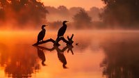 Silhouetted cormorants perched on a branch at sunrise over misty water, creating a serene wildlife scene with warm golden tones and reflections for nature and outdoor photography.