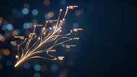 Golden fiber optic cables with data labels spreading like branches against dark blue bokeh background for technology and networking concepts.