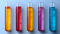 Colorful test tubes with bubbling liquids in yellow, red, orange, purple, and blue arranged in row on light background. Scientific laboratory research concept.
