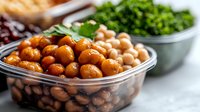 Fresh chickpeas and beans in plastic containers with green herbs, healthy protein-rich legumes for vegetarian and vegan cooking, raw ingredients on light surface.