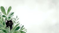 Black cat hiding behind green foliage leaves on neutral background with copy space for text and design elements.