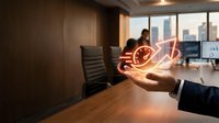 Young male professional in business attire holding glowing light bulb with digital circuit patterns in modern office conference room with city skyline view.