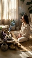 Young woman meditating with burning incense and crystals in sunlit bohemian living room with plants and natural textures for wellness and mindfulness.