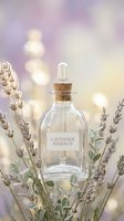 Glass bottle with cork stopper labeled lavender essence surrounded by fresh lavender stems and soft bokeh background for aromatherapy and wellness concepts.