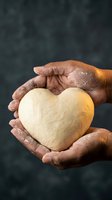 Heart-shaped bread dough held gently in flour-dusted hands against dark background for baking and cooking concepts.