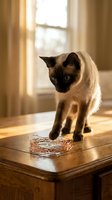 Siamese cat with dark points and cream colored coat standing on wooden table near window with warm sunlight, looking at ball of twine for pet play and home decor.
