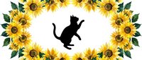 A playful black cat silhouette leaps joyfully within a vibrant frame of golden sunflowers with green leaves on white background, perfect for pet-themed designs and seasonal decorations.