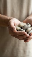 Cupped hands gently holding smooth river stones in soft natural light for meditation, spa treatments, wellness practices, and mindful living concepts.
