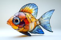 Vibrant stained glass goldfish sculpture featuring orange, blue and gold segments with detailed fins and scales on light background, artistic marine decor piece.