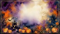 Watercolor Halloween background with haunted house, glowing pumpkins, bats, and copy space in purple and orange tones for seasonal design.