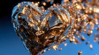 Crystal clear heart-shaped ice sculpture with golden bokeh lights creating romantic atmosphere for Valentine's Day celebrations and love concepts.