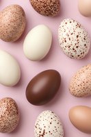 Speckled and solid eggs in white, brown and natural tones arranged on pink background. Modern minimal Easter or spring seasonal composition.