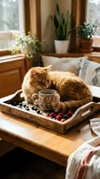 Ginger cat resting on wooden tray with ceramic mug and berries, sunlit home interior with potted plants and window, cozy lifestyle scene.