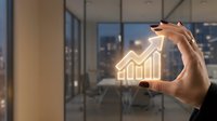 Businessman holding glowing upward arrow chart symbol in modern office with city skyline view, representing financial growth, success, and business development strategy.