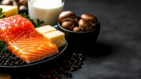 Raw salmon fillet with cheese, olives, capers and milk on dark slate surface for gourmet cooking and food styling projects.