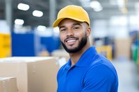 Young African American male warehouse worker in blue uniform and yellow cap smiling while handling packages in modern distribution center. Positive workplace environment.