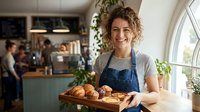 Woman baker holding wooden tray with fresh croissants in modern bakery cafe, wearing apron, smiling at camera with blurred customers and counter background.