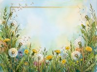 Watercolor dandelion meadow frame with fluffy seeds, yellow blooms, and lush green grass on soft blue background with copy space.