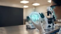 Asian male scientist in laboratory examining holographic brain model with gloved hands. Medical research, neuroscience technology and healthcare innovation concept.