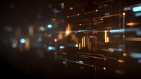 Futuristic digital network with glowing blue and gold light trails on dark background, representing technology and data connections.