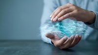 Businessman hands protecting glowing digital network connections with futuristic holographic data visualization for technology and cybersecurity concepts.