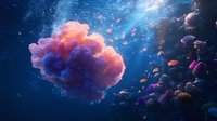 Ethereal underwater scene with glowing coral formation in pink and purple hues against deep blue water, surrounded by luminescent tropical fish and floating particles.