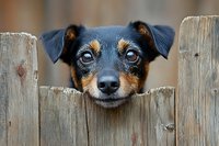 Adorable black and tan puppy peeking through wooden fence with bright blue eyes and curious expression in backyard setting.