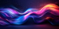 Vibrant flowing abstract waves in blue, purple, and orange colors against dark space background with glowing light effects and dynamic motion blur.