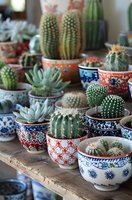 Collection of various cacti and succulents in colorful ceramic pots arranged on wooden shelf, creating vibrant indoor garden display for home decor.