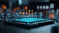 Glowing orange and blue digital houses on electronic circuit board platform, representing smart home technology and real estate innovation in modern connectivity.